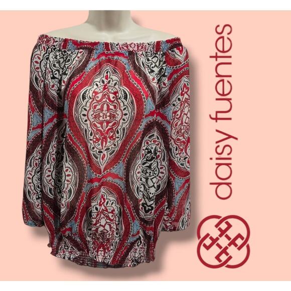 Daisy Fuentes women's multicolor medallion long sleeves off the shoulder Blouse - Picture 10 of 11